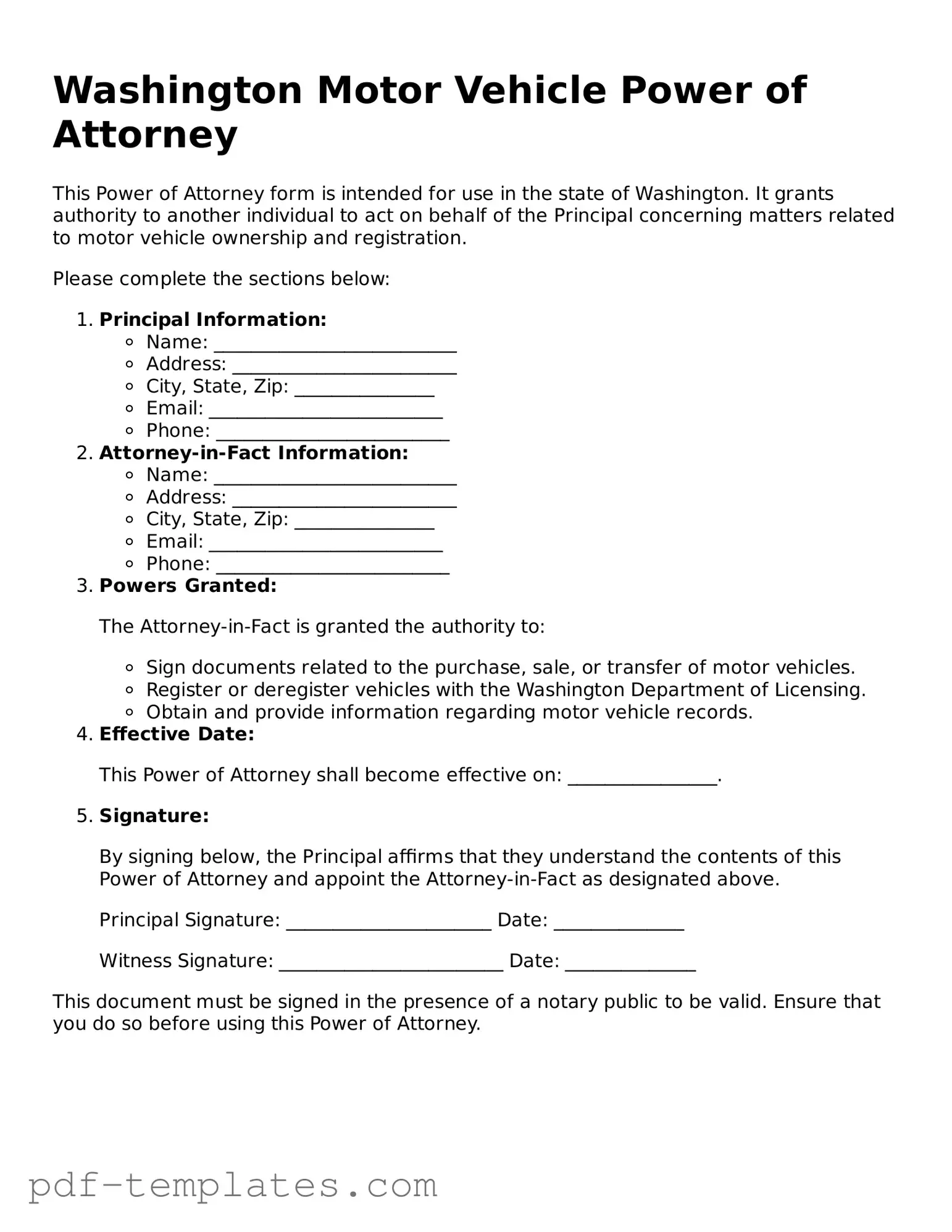 Official Motor Vehicle Power of Attorney Template for Washington State