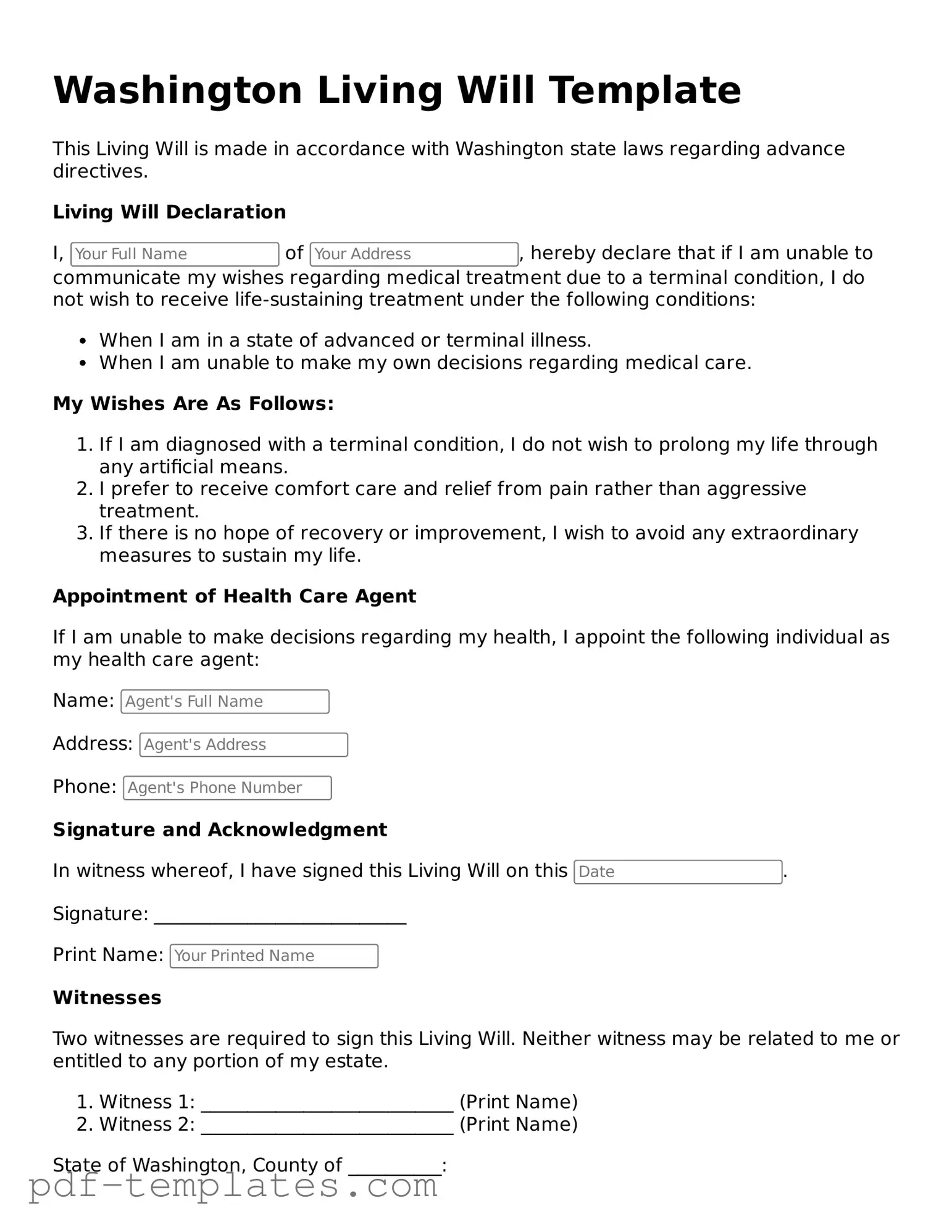 Official Living Will Template for Washington State