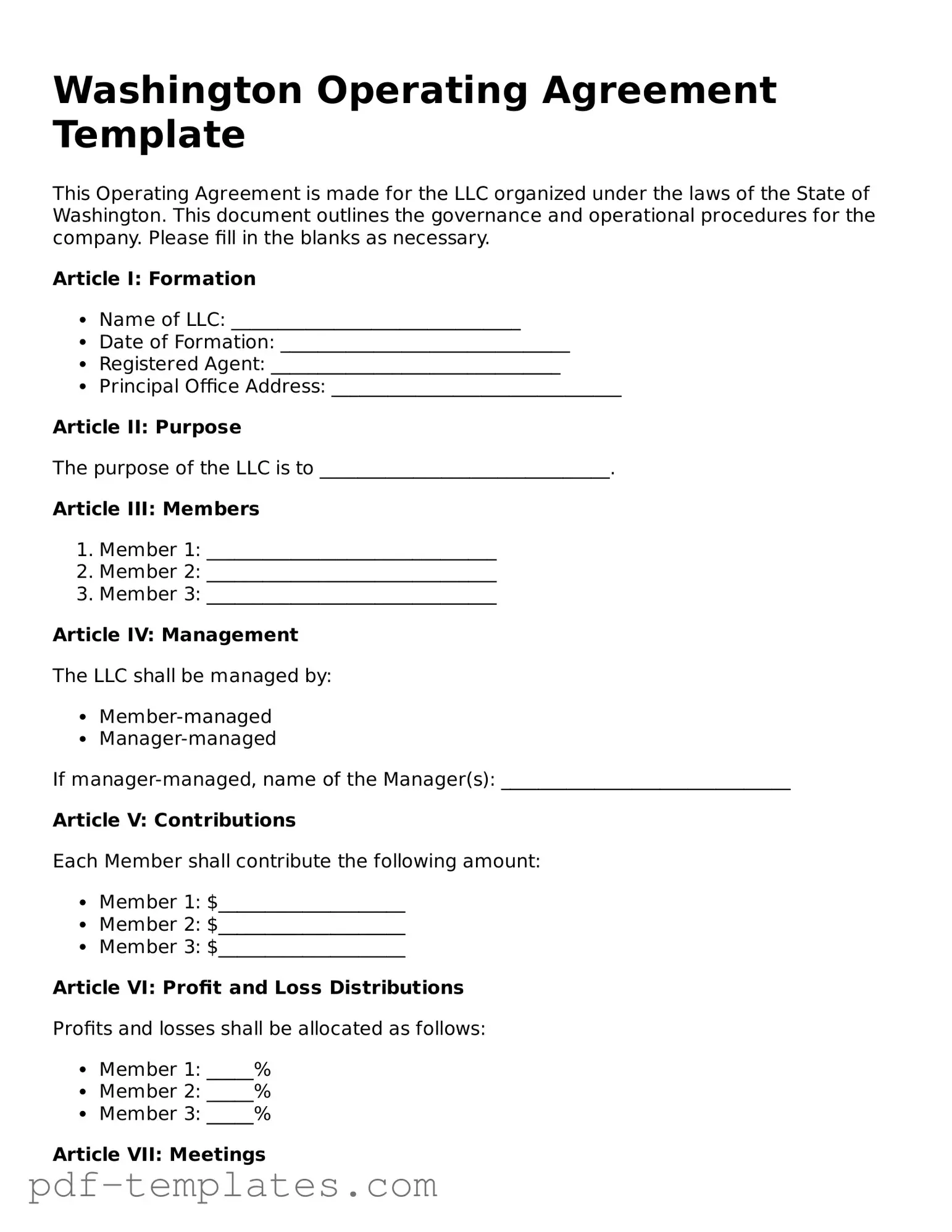 Official Operating Agreement Template for Washington State