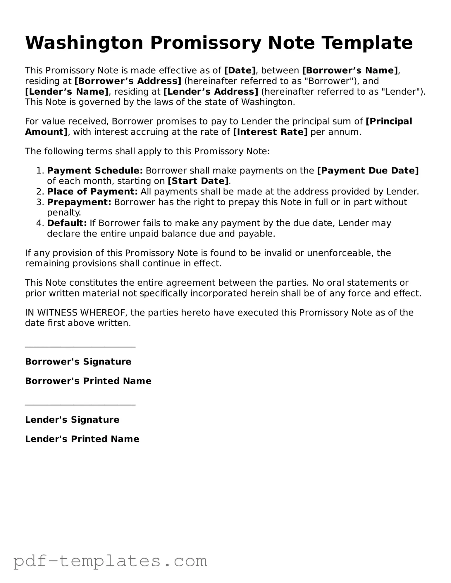 Official Promissory Note Template for Washington State