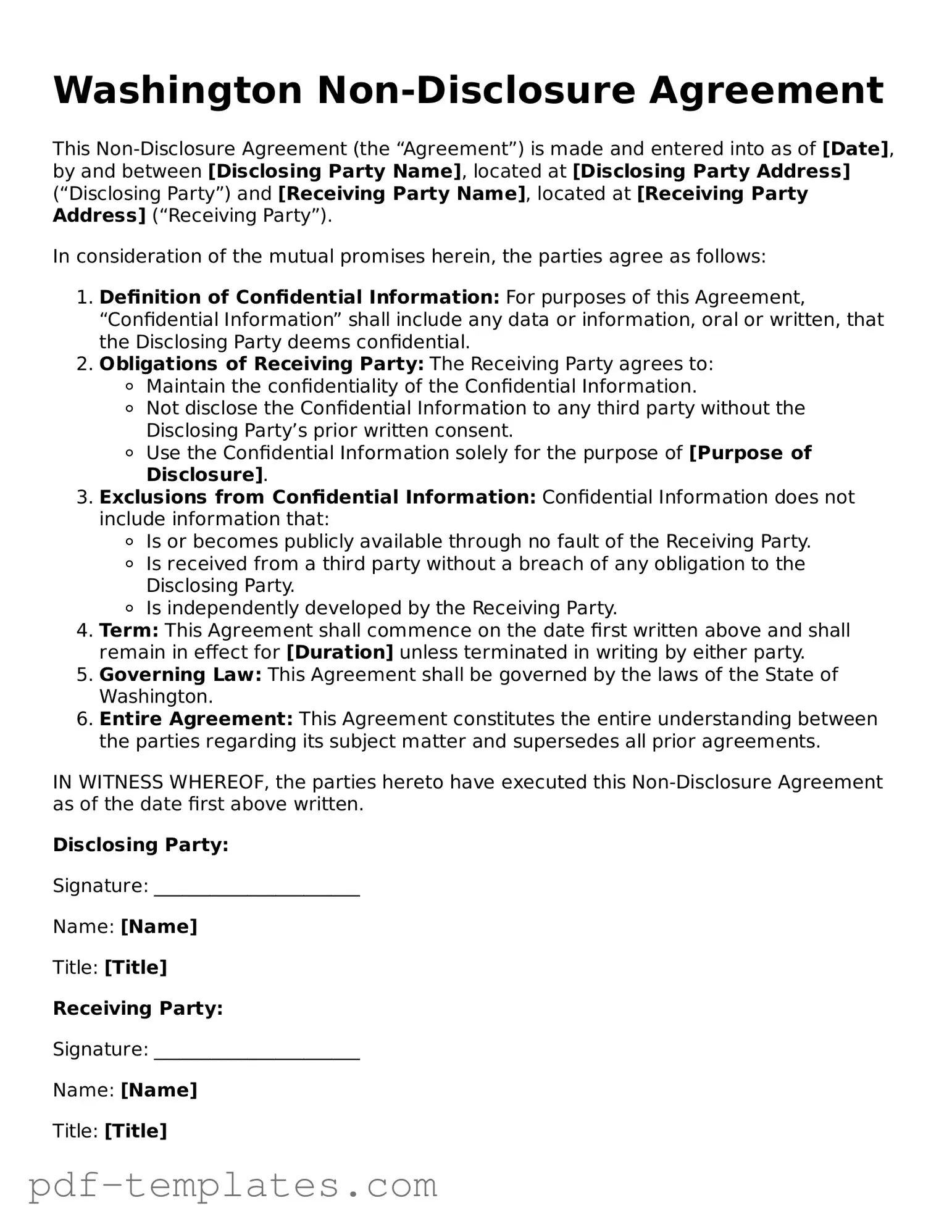 Official Non-disclosure Agreement Template for Washington State