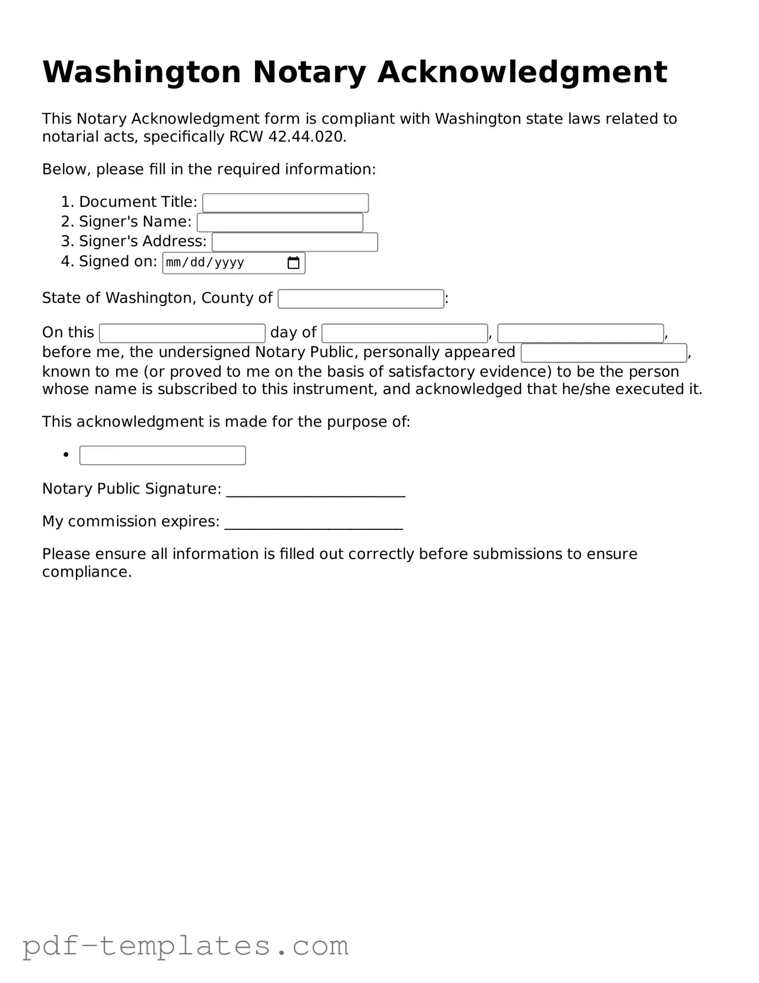 Official Notary Acknowledgement Template for Washington State
