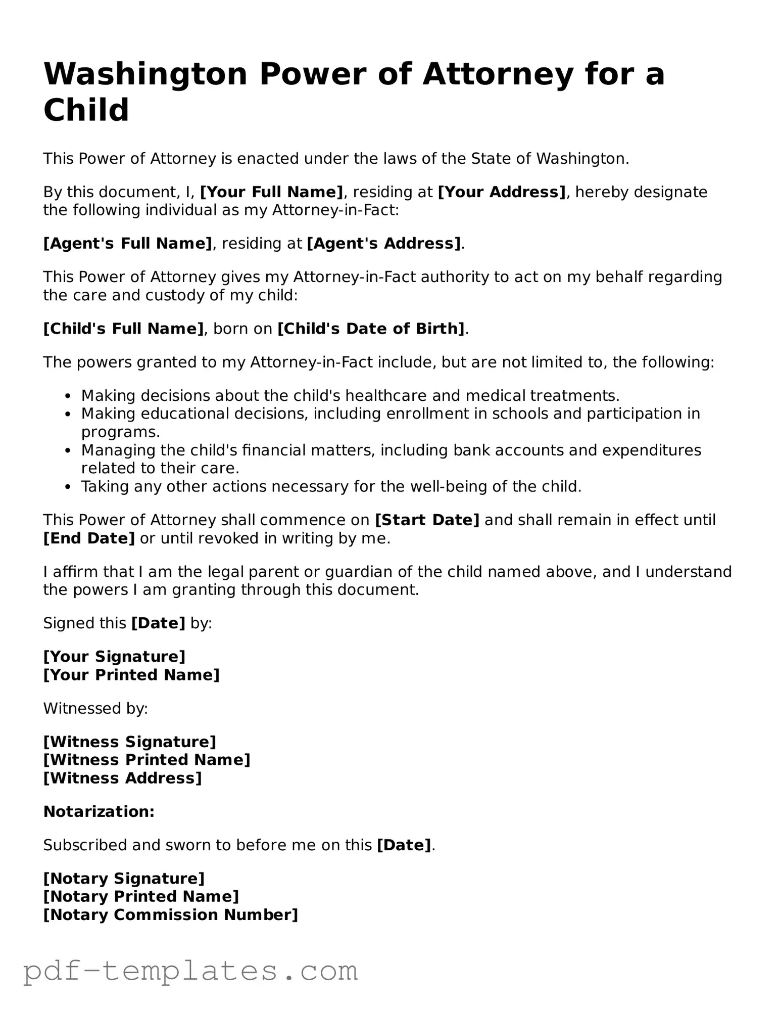 Official Power of Attorney for a Child Template for Washington State