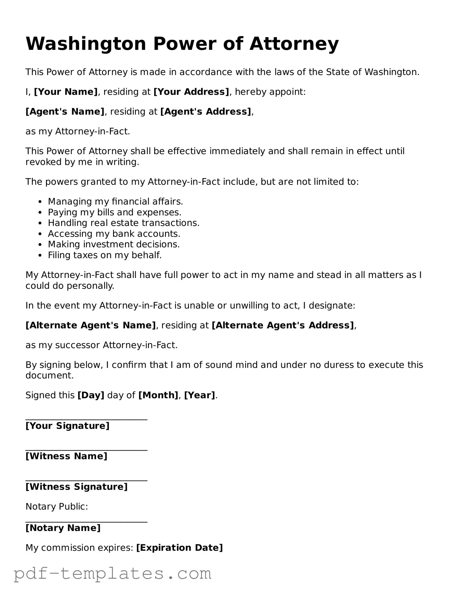 Official Power of Attorney Template for Washington State