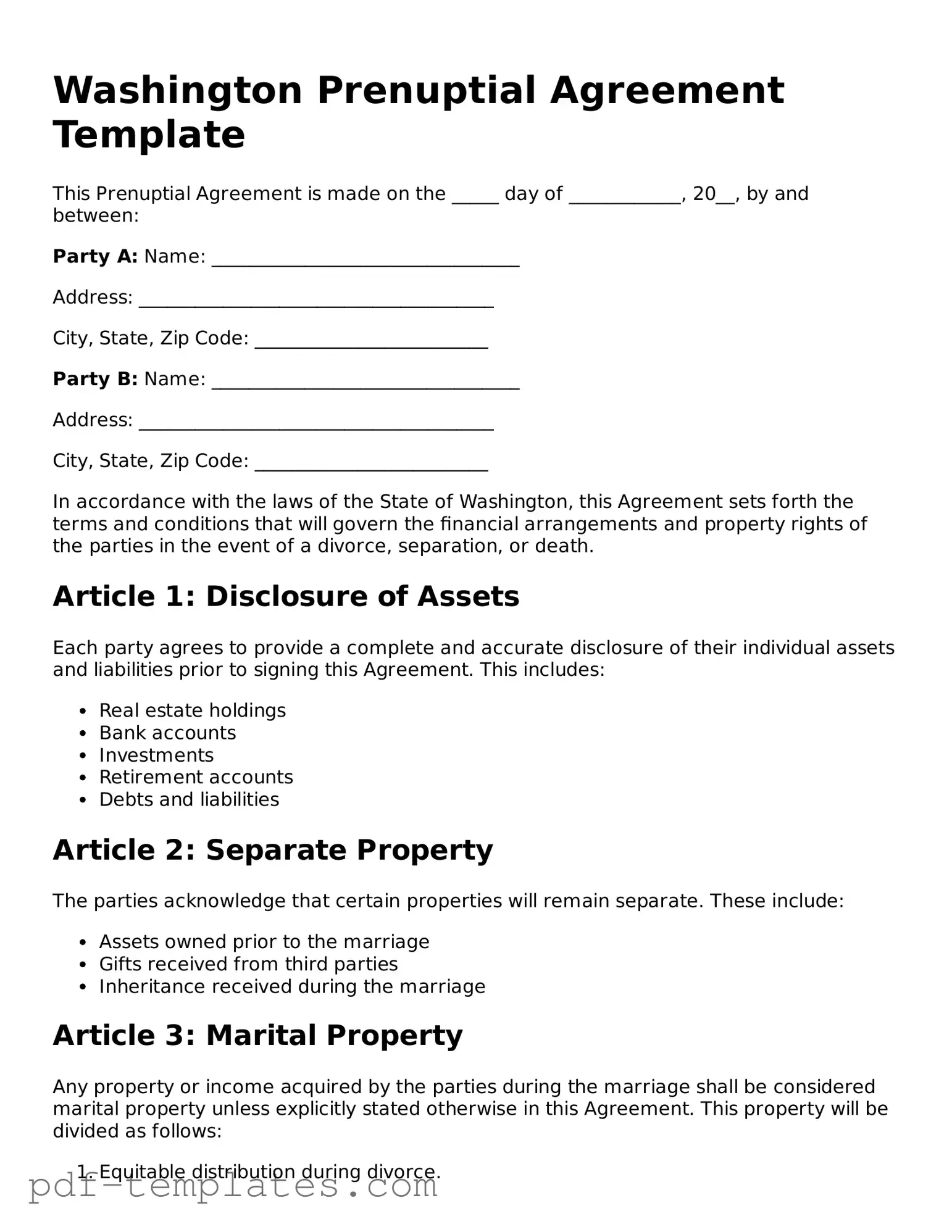 Official Prenuptial Agreement Template for Washington State