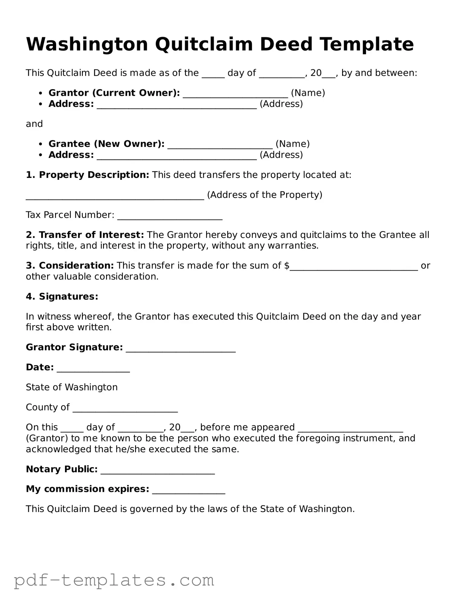 Official Quitclaim Deed Template for Washington State