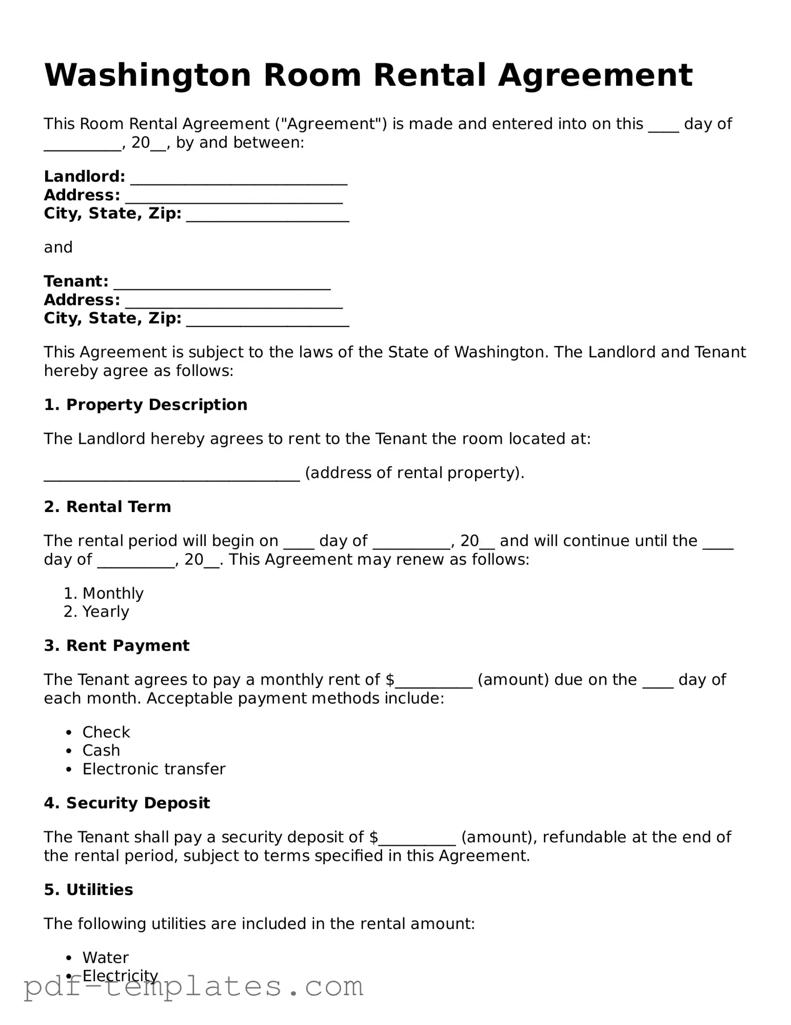 Official Room Rental Agreement Template for Washington State