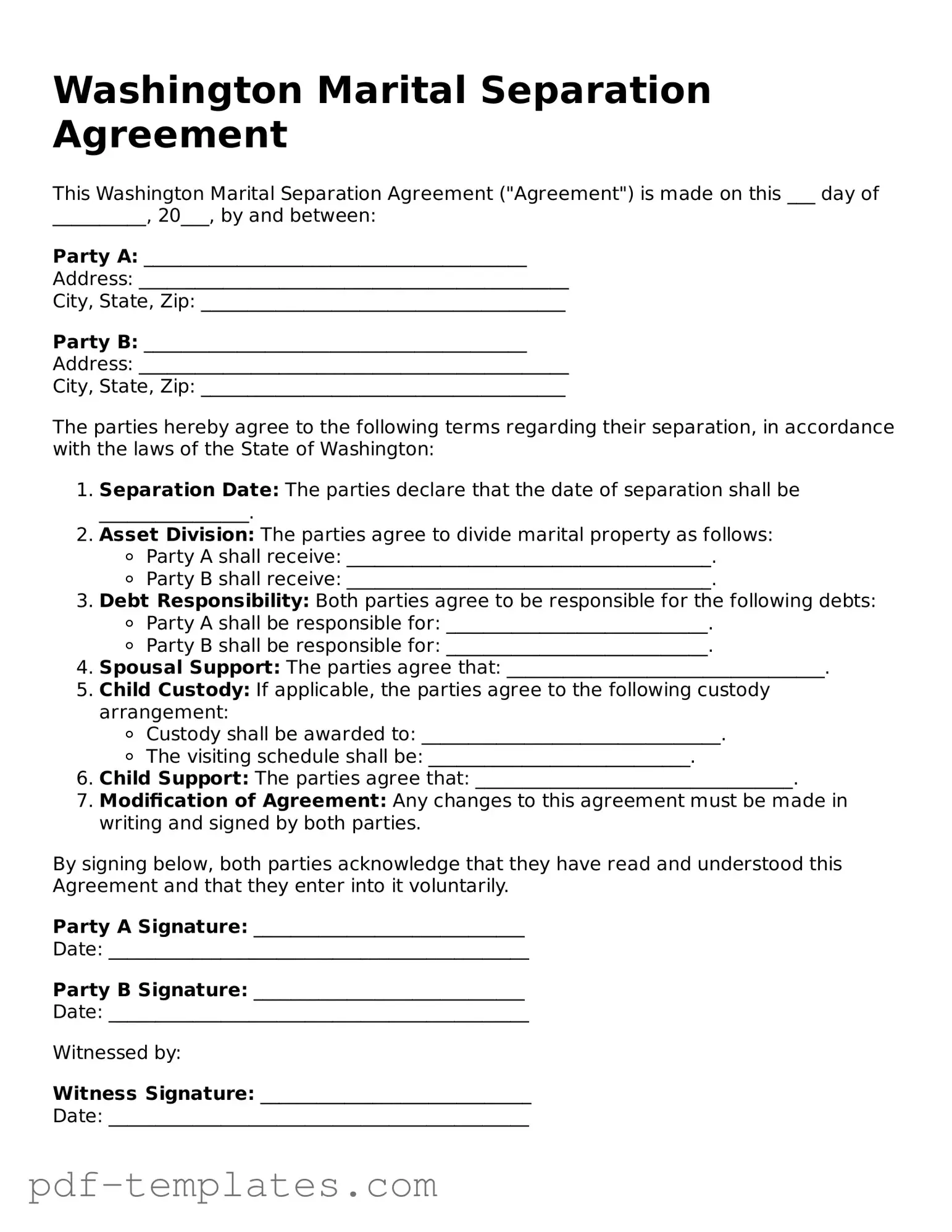 Official Marital Separation Agreement Template for Washington State