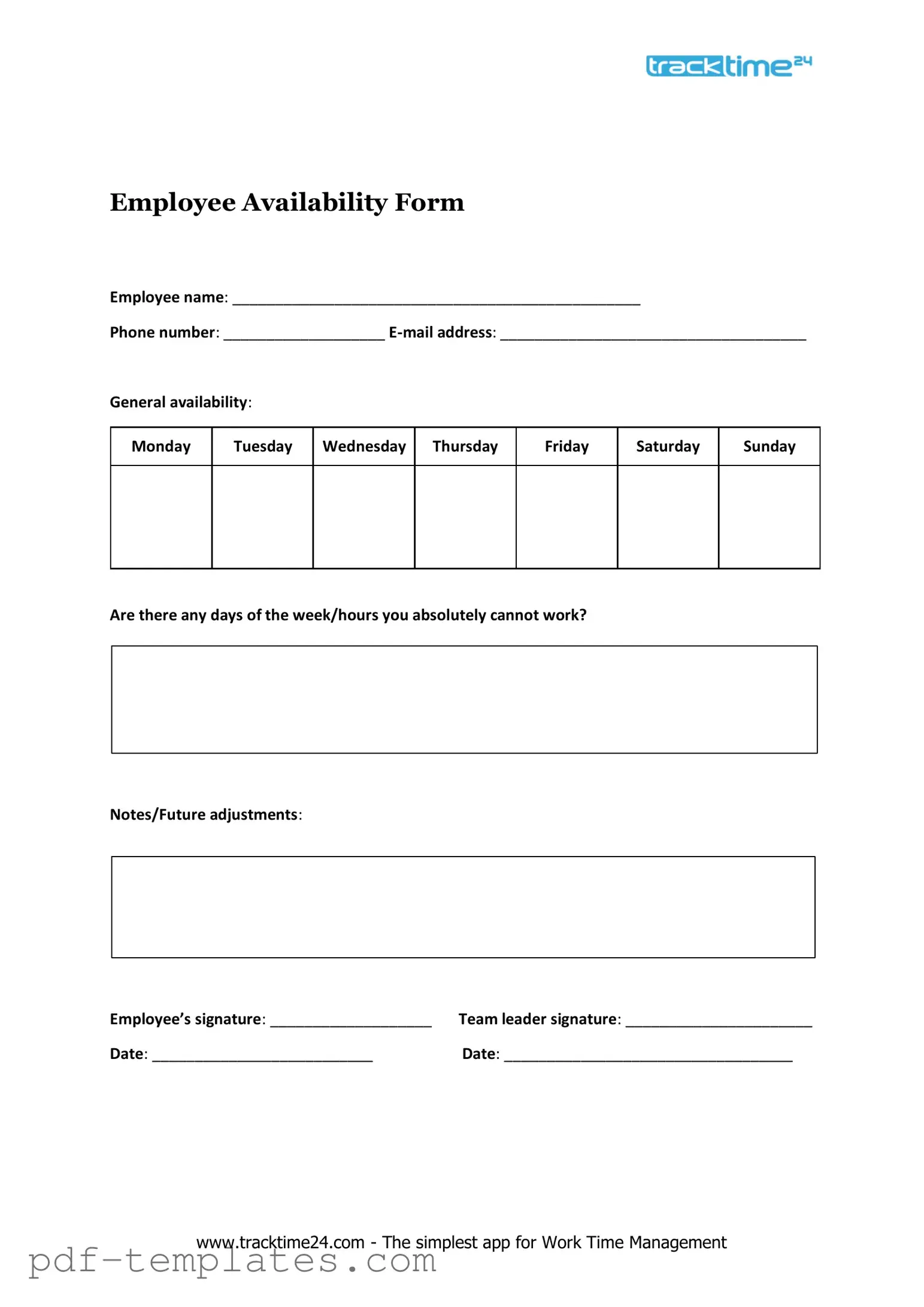 Get Employee Availability Form in PDF